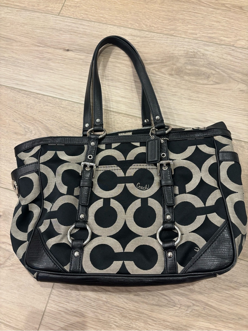 Coach Black and Gray Signature Circle Tote